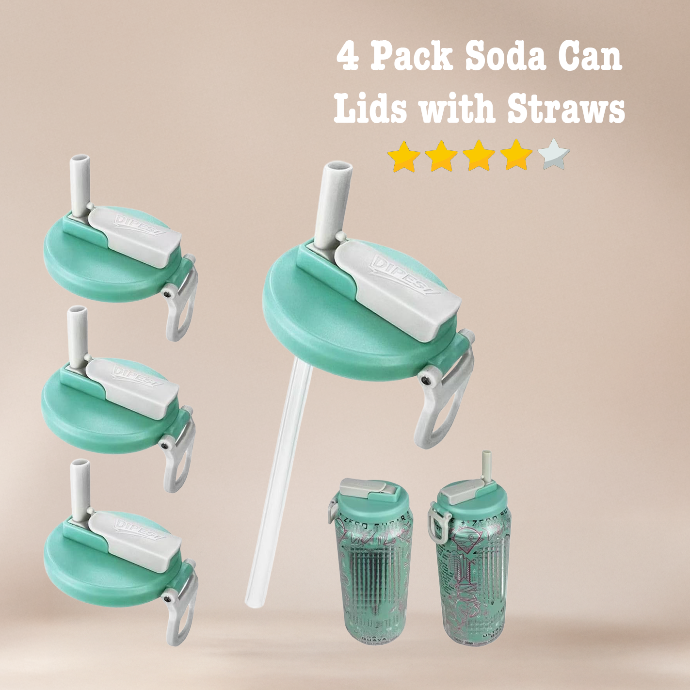 4 Pack Soda Can Lids with Straws